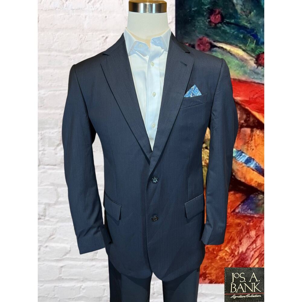 Jos A Bank Signature 42L Navy Blue Ghost Stripe Silk Wool Blazer Suit Jacket - Picture 5 of 15